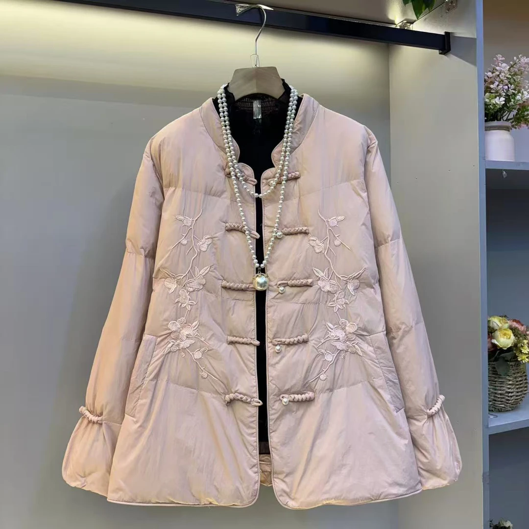 胖MM加肥立领盘扣刺绣花朵棉服大码女装法式新中式冬季百搭外套