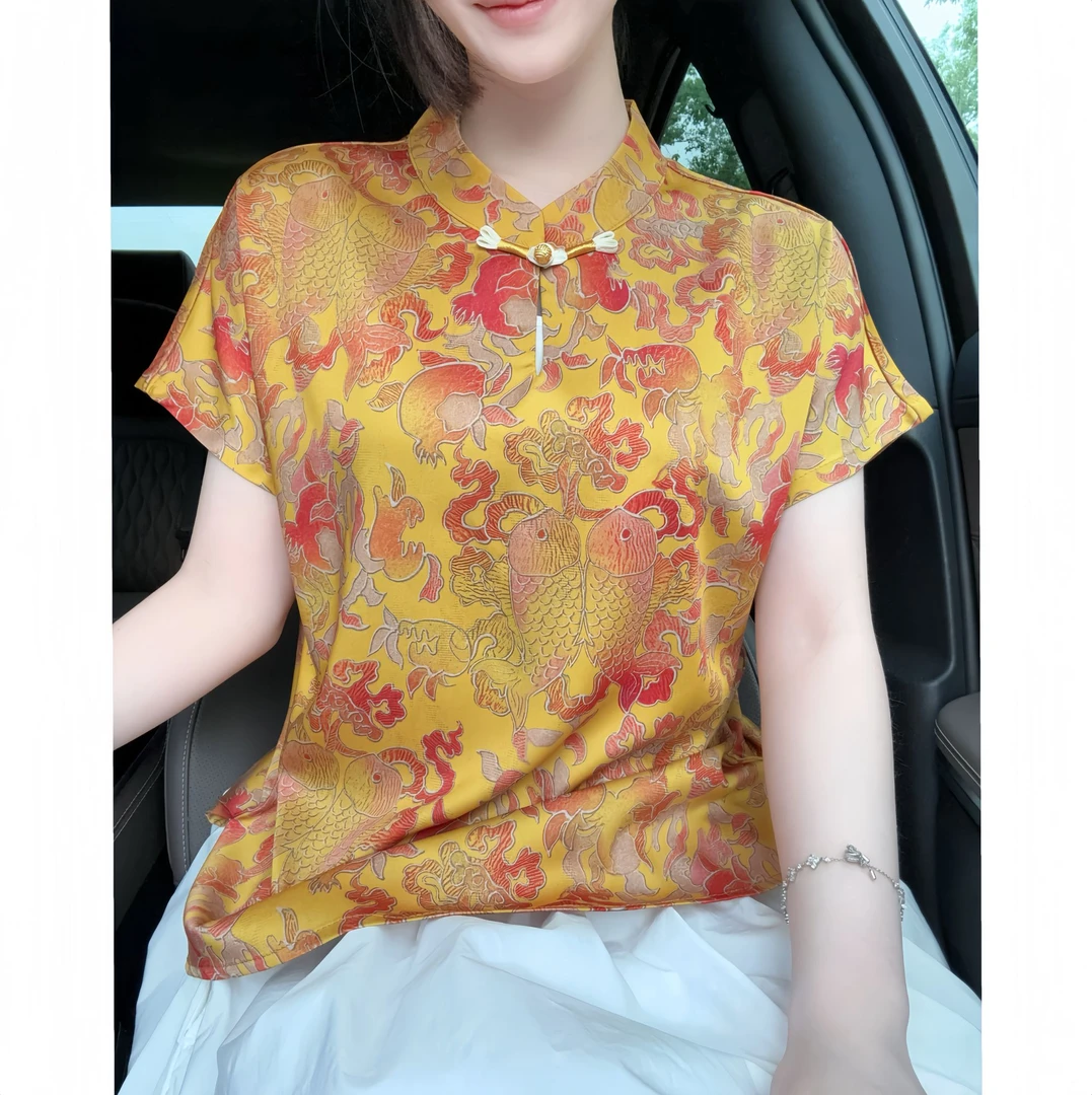 【麒鱼】小衫短袖丝滑舒适女装百搭透气精致提花显瘦洋气复古