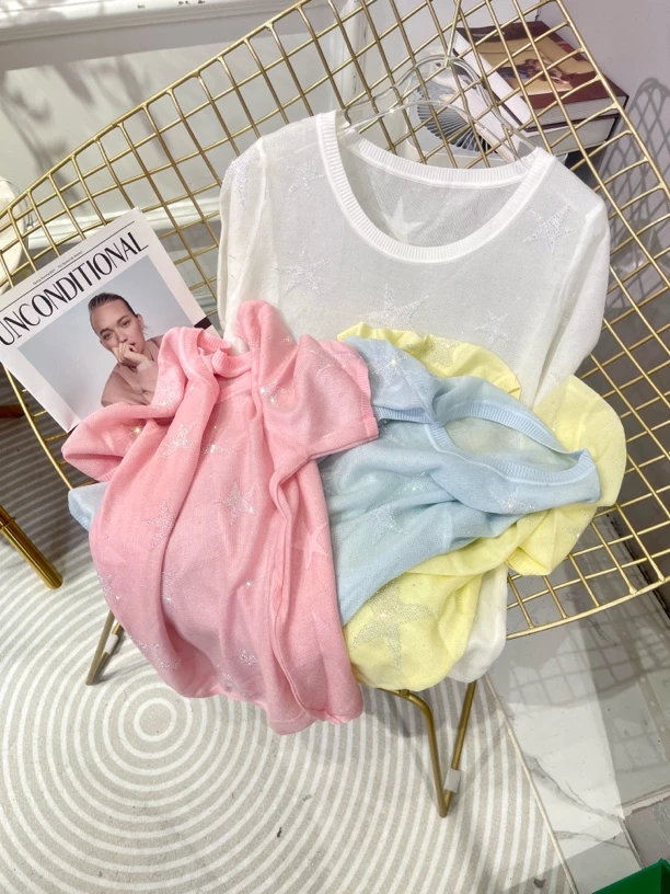 2025夏新款重工提花烫钻五角星冰丝薄针织衫圆领纯色休闲短袖T恤