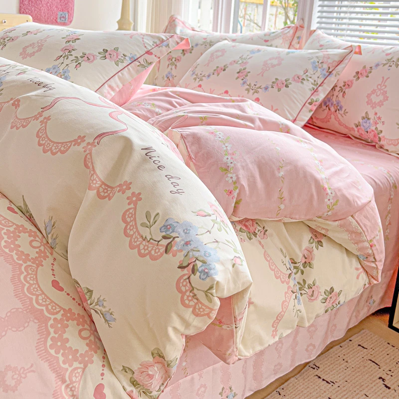 纯棉四件套100%全棉简约小清新印花斜纹棉被套床单学生宿舍三件套