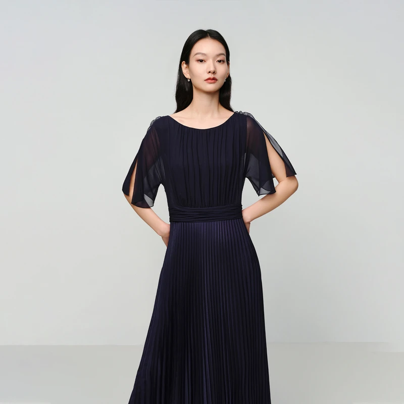 EP雅莹新款女装 醋酸薄纱飞飞袖收腰百褶拼接连衣裙4636A
