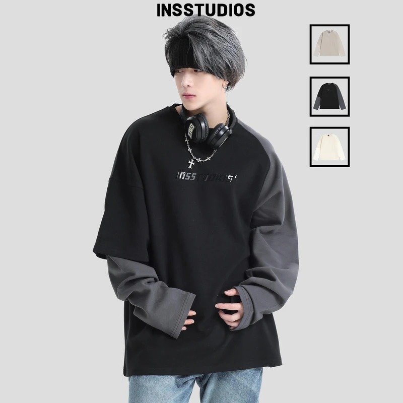 INSstudios国潮情侣美式假两件拼接暖皮打底衫宽松圆领长袖T恤男