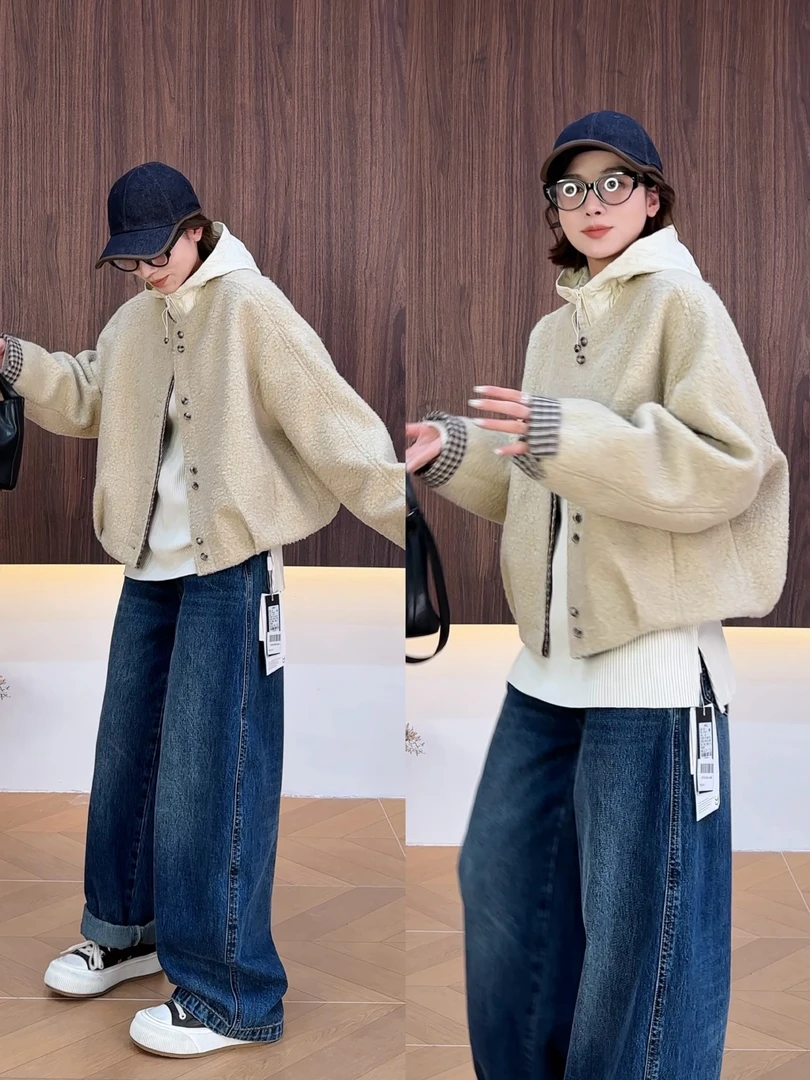 YYOUHAN 2025【维也纳】圆领格子撞色毛呢外套休闲上衣 2509C5982