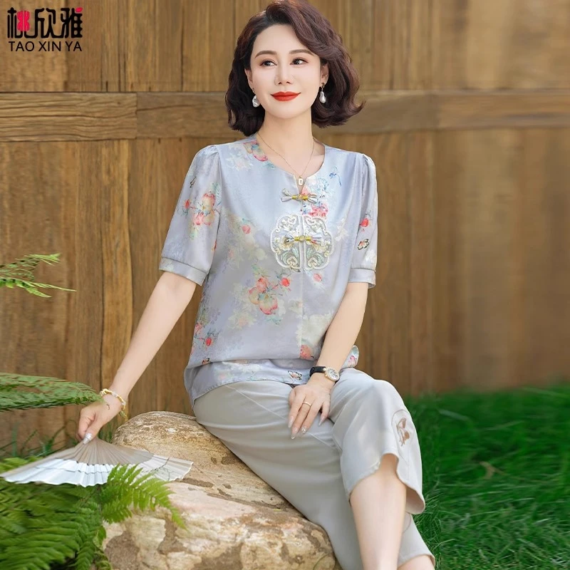 妈妈夏装2025新款套装洋气中老年女夏季短袖小衫贵夫人国风两件套