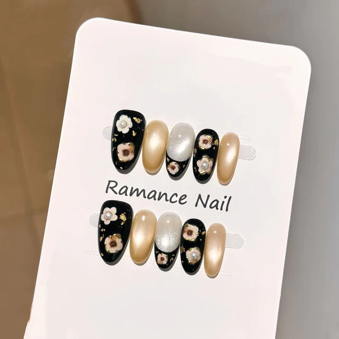 纯手工穿戴甲复古金花手绘猫眼甜酷可爱高级感鎏金花花美甲贴片