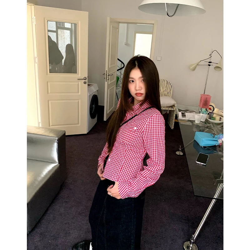 橘子树在哪儿韩系百搭格子polo领衬衫女春季小众显瘦收腰短款上衣