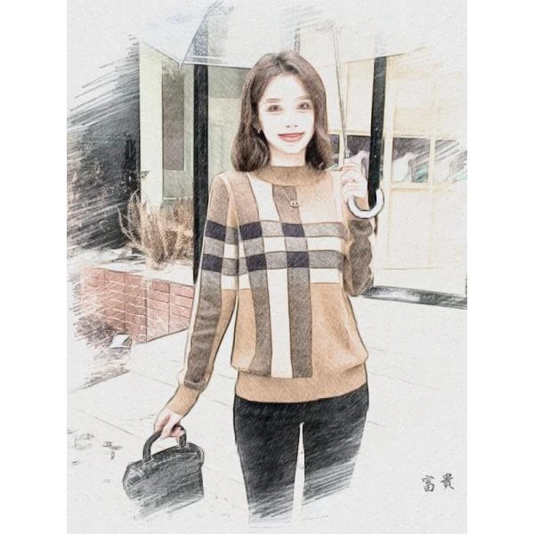 2025秋冬新款圆领设计感格纹针织衫