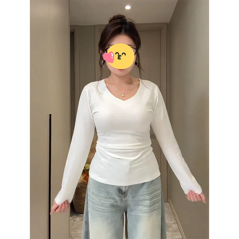 大码胖mm纯欲辣妹风正肩V领长袖T恤女秋季修身显瘦内搭打底衫上衣
