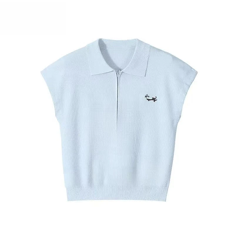 韩系洋气翻领针织短袖针织t恤女夏季时尚半拉链polo衫宽松上衣