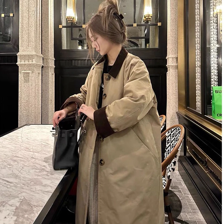 韩系卡其色翻领棉服女2024冬季设计感中长款外套外出小棉袄网红款