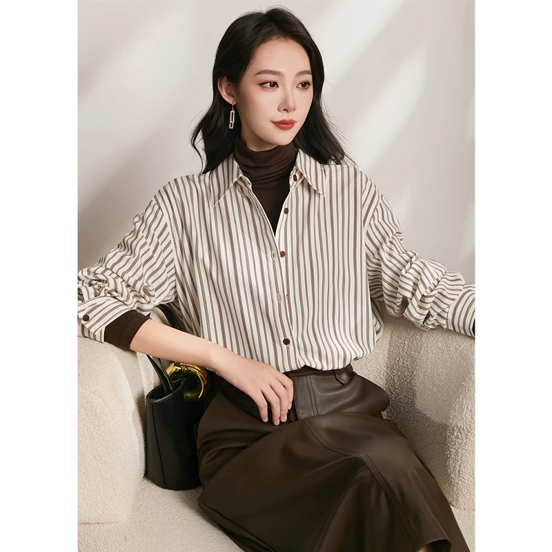 可露丽撞色条纹衬衫女秋冬内搭 时尚高级感百搭通勤显瘦翻领上衣