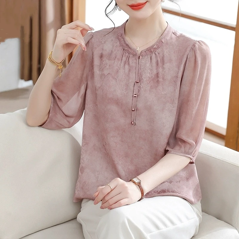 妈妈夏装新中式衬衫短袖上衣服2025新款中老年女夏季洋气T恤小衫