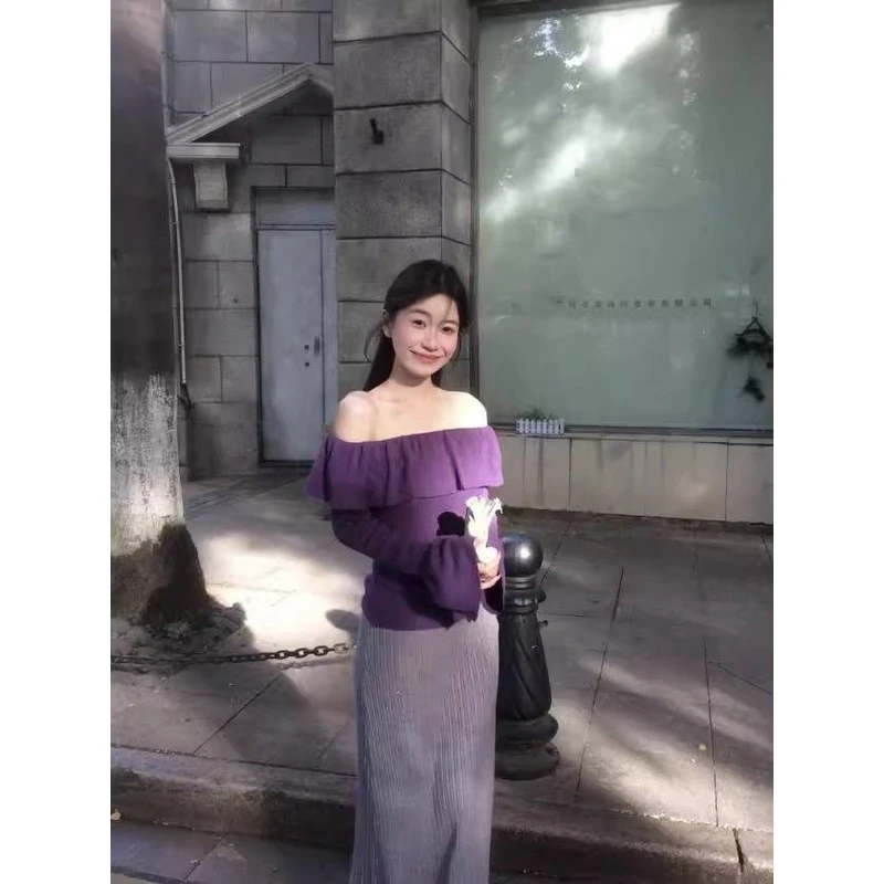 法式紫色荷叶边一字肩长袖t恤女秋冬季户外德绒保暖内搭打底上衣