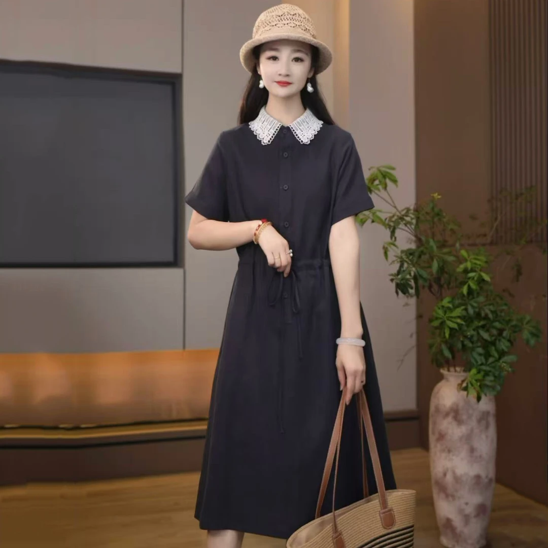 5814夏季新款韩版2025宽松休闲短袖拼接连衣裙女