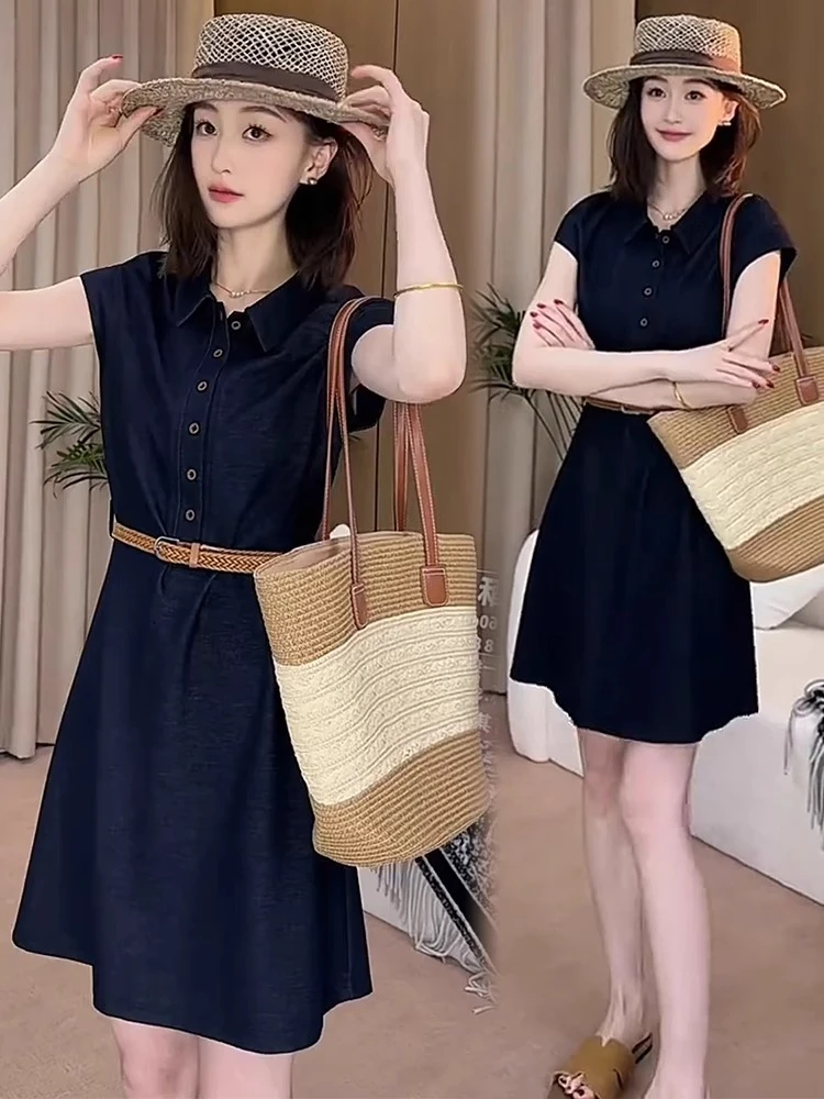 时尚连衣裙女2025夏季新款洋气时髦修身系带收腰中长款衬衫领裙子
