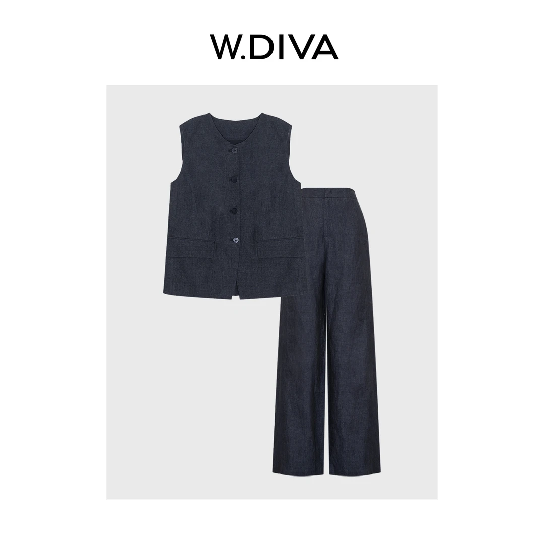 W.Diva【露华浓】100原生亚麻简约通透松弛感马甲长裤套装52D192476
