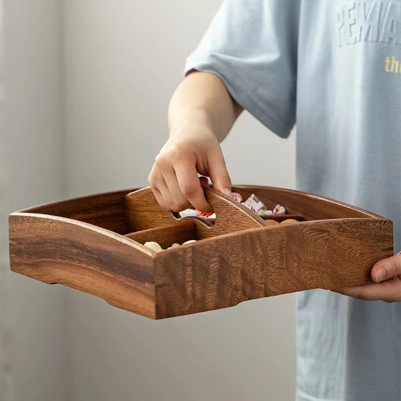 中式胡桃原木干果盒结婚零食盘家用糖果瓜子盒早生贵子四格干果盘