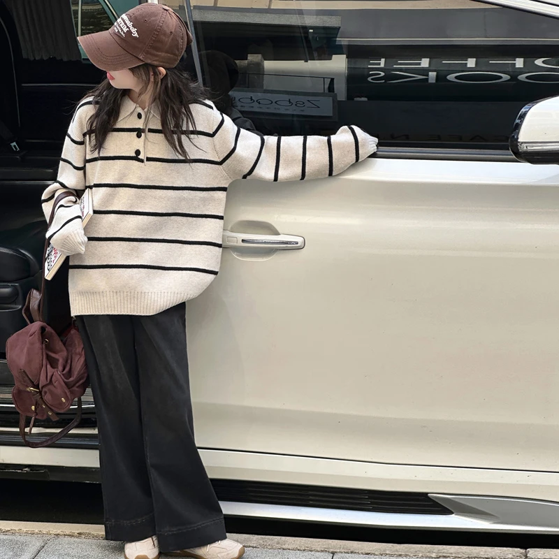 女童毛衣春秋2025新款儿童洋气条纹针织衫6-12岁大童初中生套头潮