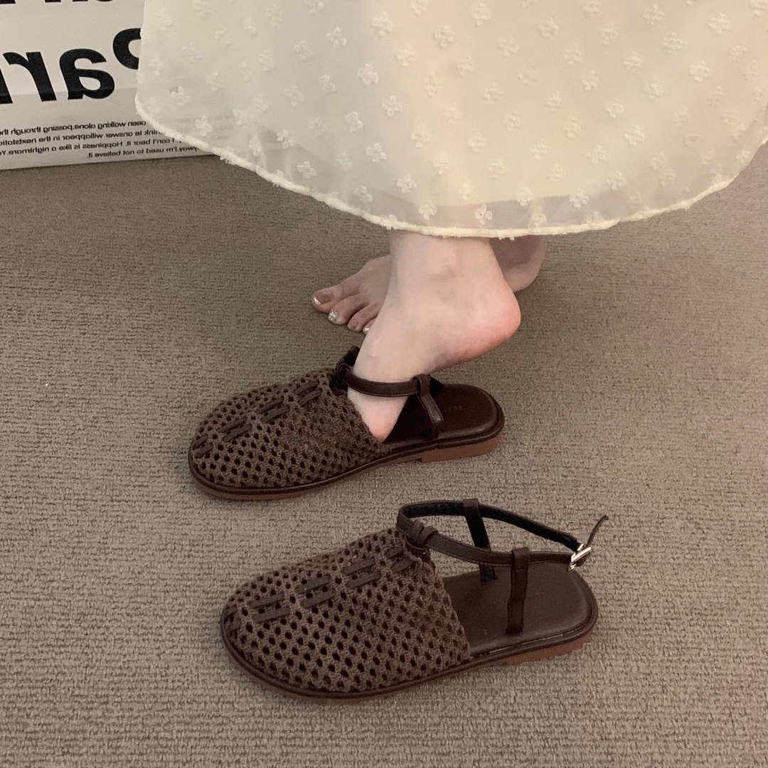 森系复古波西米亚复古包头凉鞋女鞋2025夏季配裙子小众编织勃肯鞋