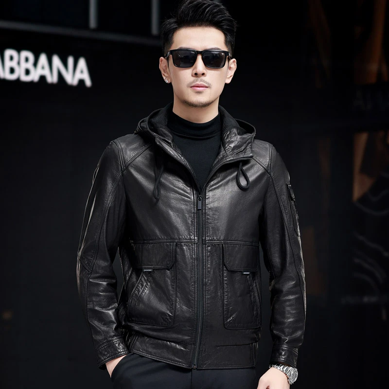 098海宁真皮皮衣男短款连帽皮夹克头层牛皮外套男士海宁皮衣男款