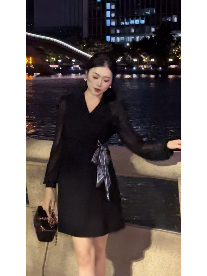 【夜阑黛影】秋季法式大码显瘦轻奢高级感时尚气质修身连衣裙+丝巾