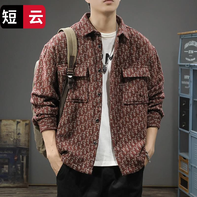 春季重磅美式复古千鸟格呢子夹克男潮流撞色提花小香风衬衫外套潮