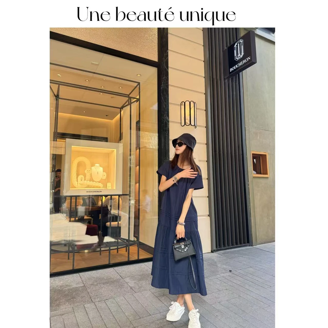 【圣但尼】气质休闲显瘦宽松百搭圆领时尚设计师轻奢连衣裙