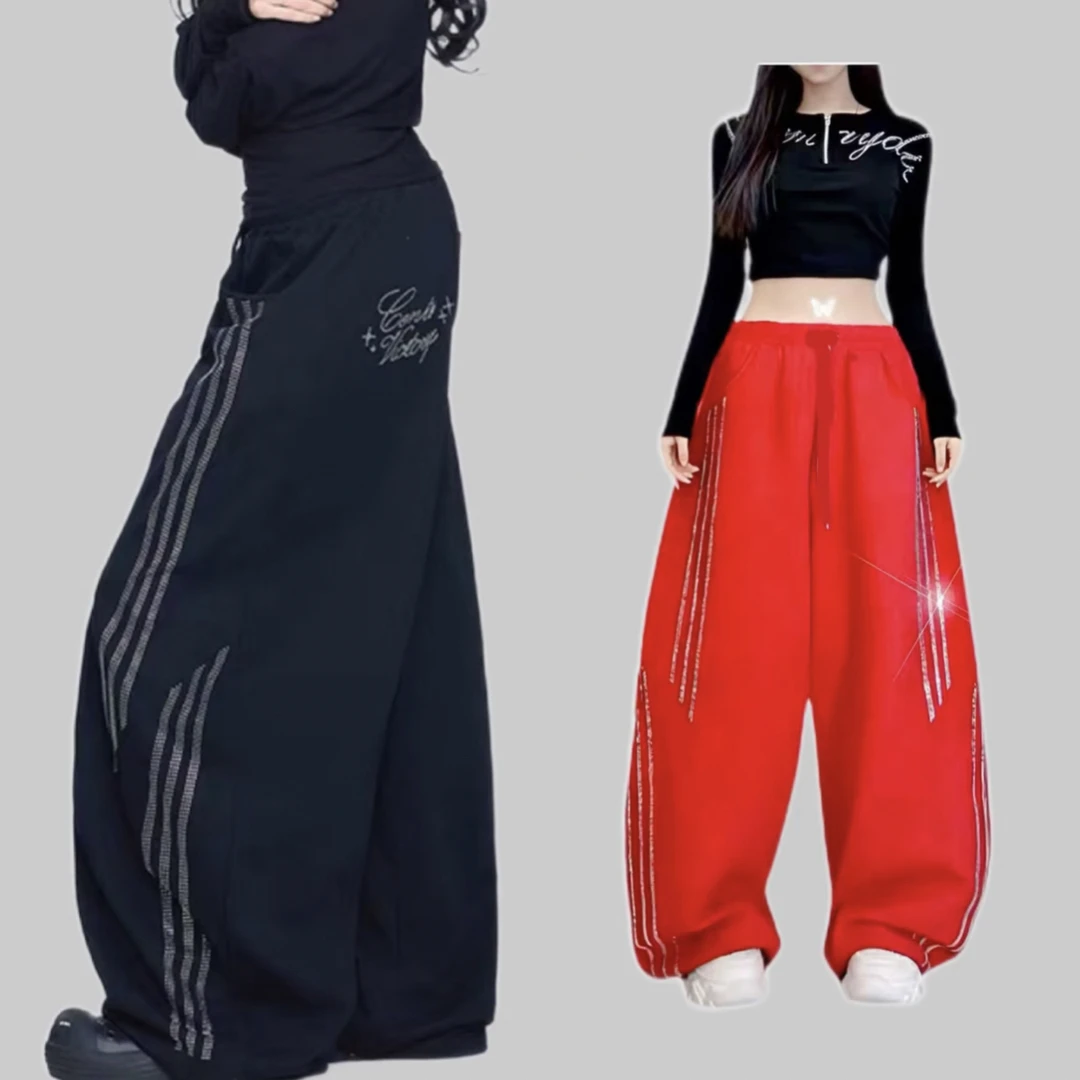 颖丽-广场舞潮牌"亮闪钻石长裤"黑色运动曳舞烫钻弯刀裤-2596