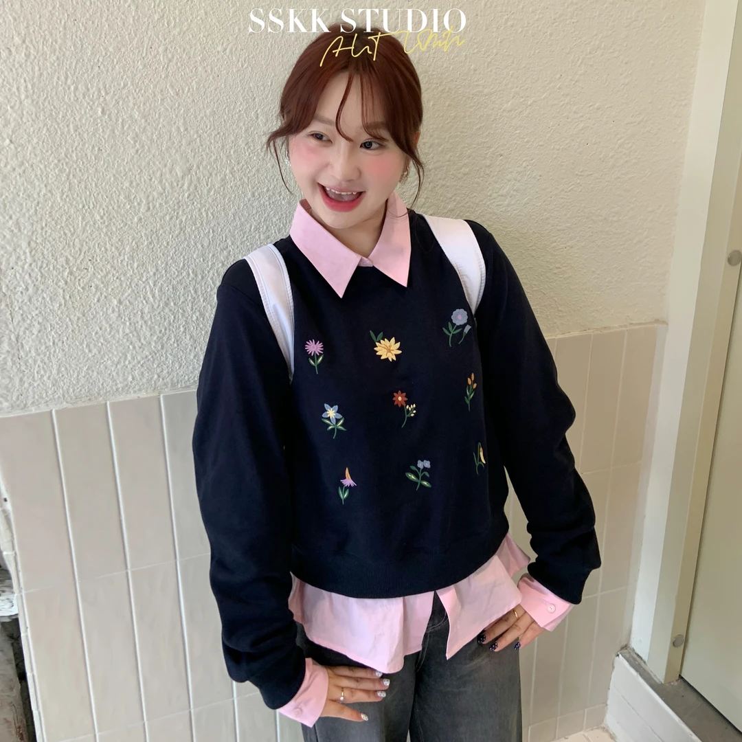 KMZY/KMZY达人专属【韩女配方】微胖韩系花朵刺绣拼接假两件卫衣女