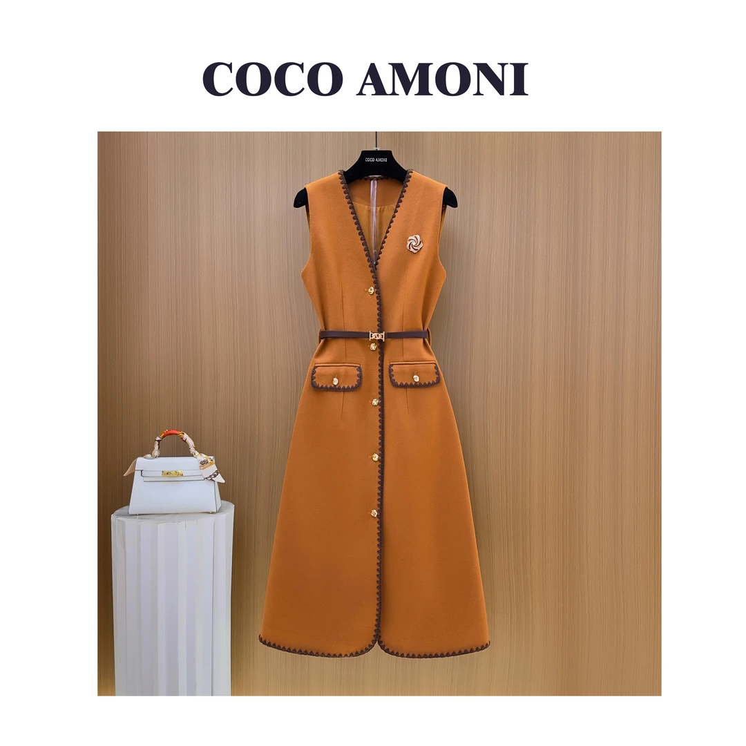 [曼姐]秋冬季设计师新款女装拼接简约收腰显瘦气质连衣裙WXH1123