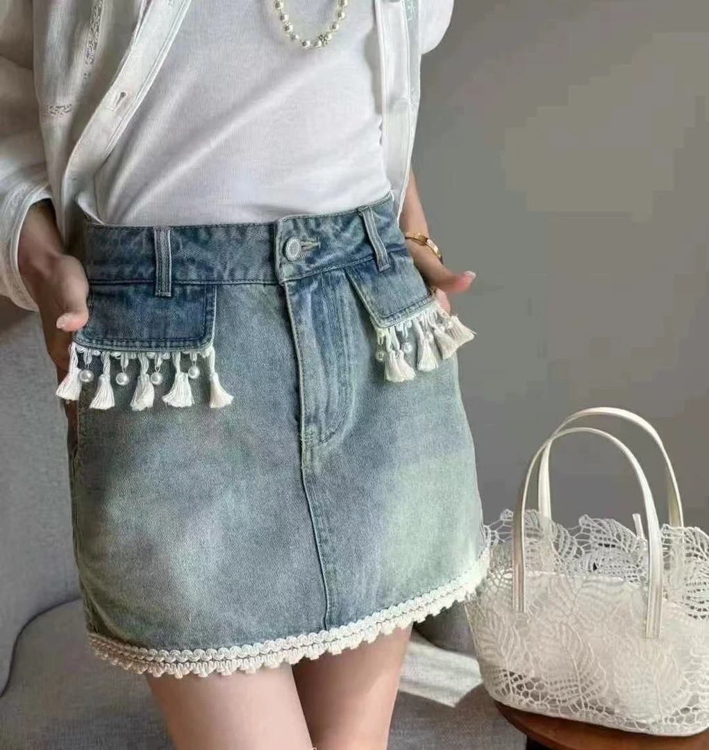 【82100】H#设计感流苏蕾丝边牛仔半身裙