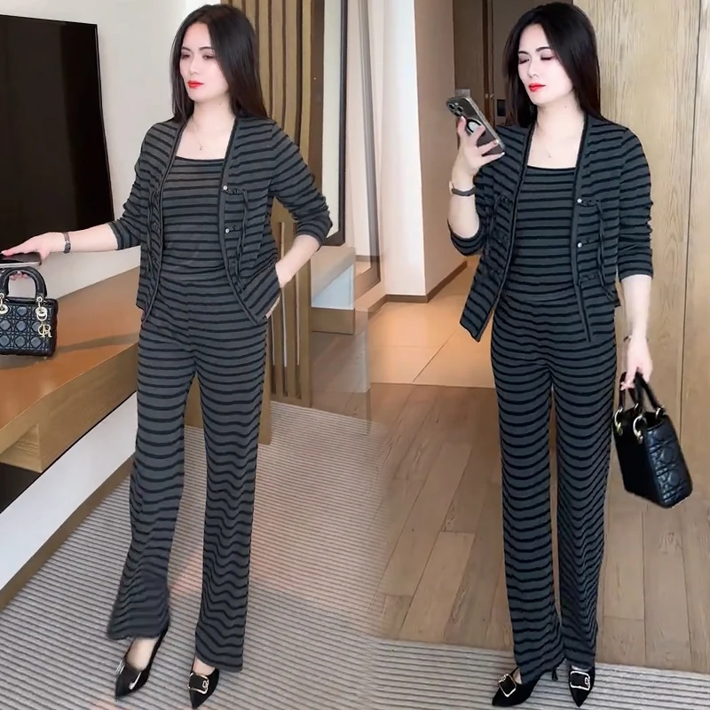 条纹时尚套装女2025秋季新款洋气显瘦盘扣开衫阔腿裤休闲两件套潮