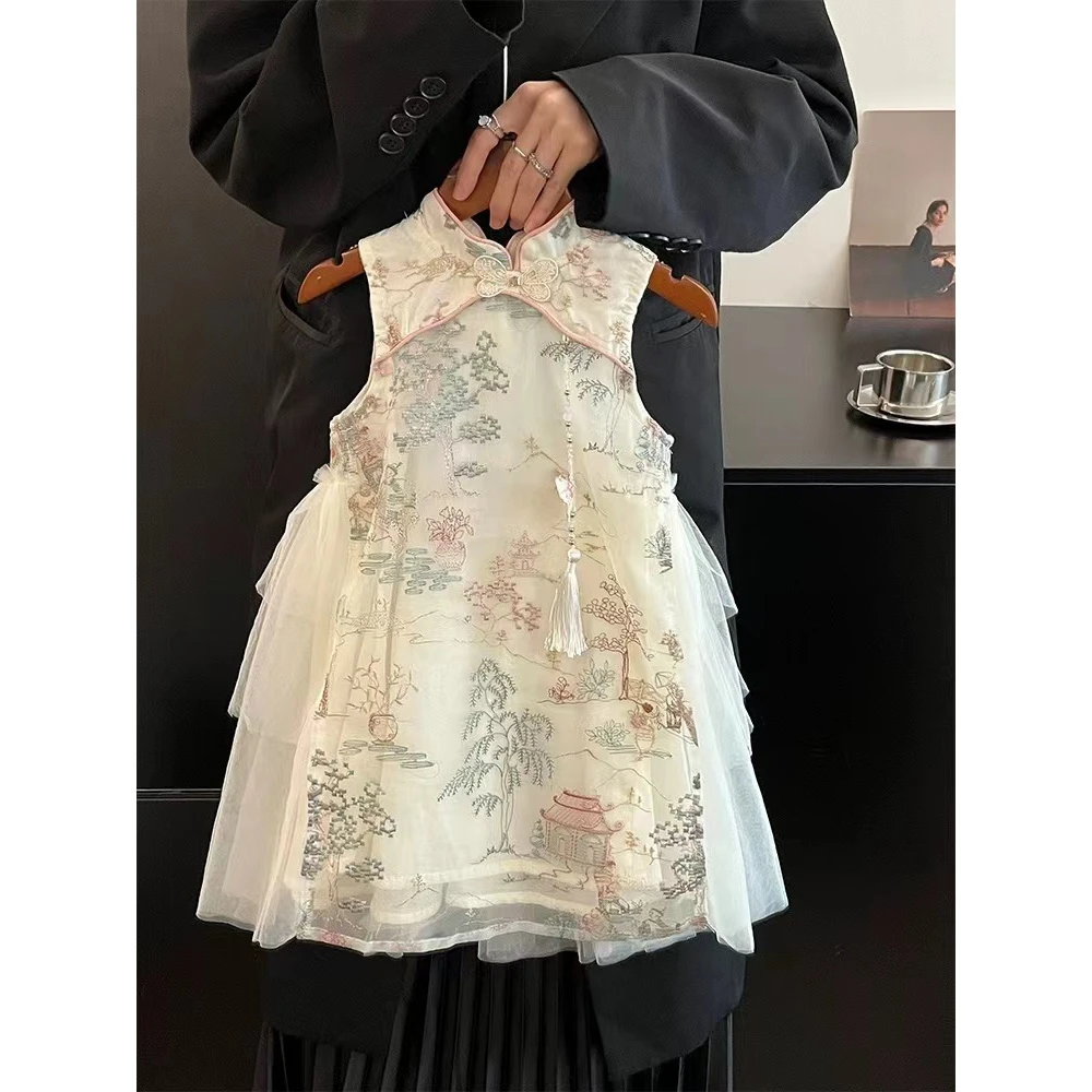 部分现货【忆江南】AC816女童夏季2025新款新中式旗袍裙刺绣纱裙