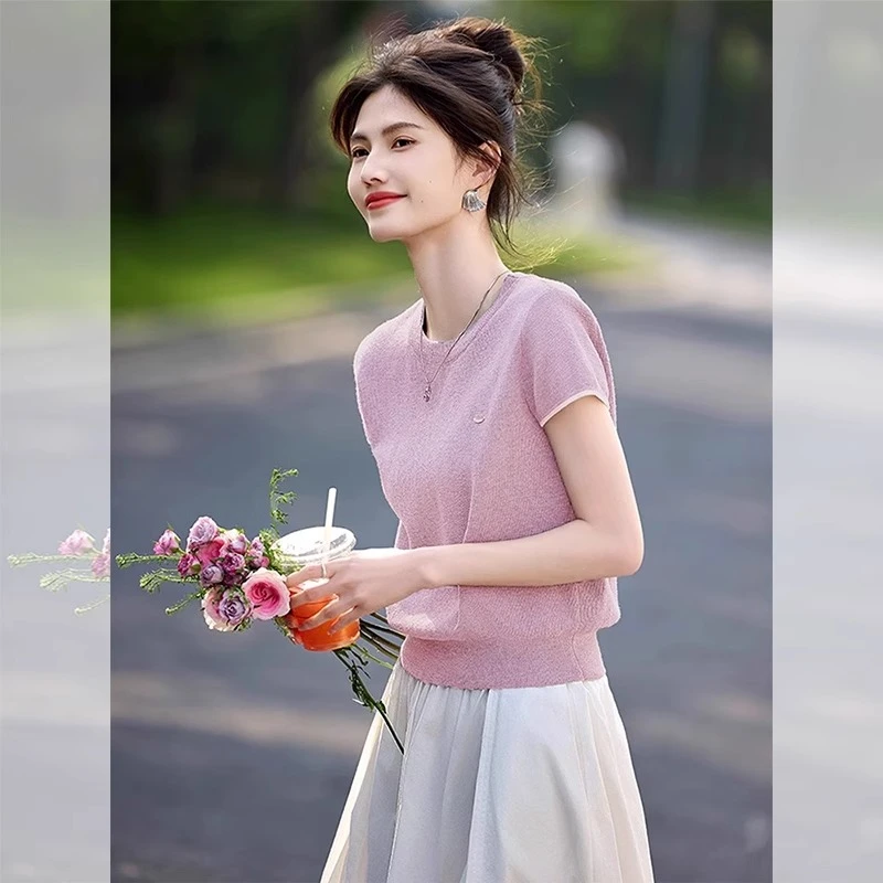 2025夏季新款女士温柔时尚优雅短袖针织衫休闲百搭显瘦小个子上衣