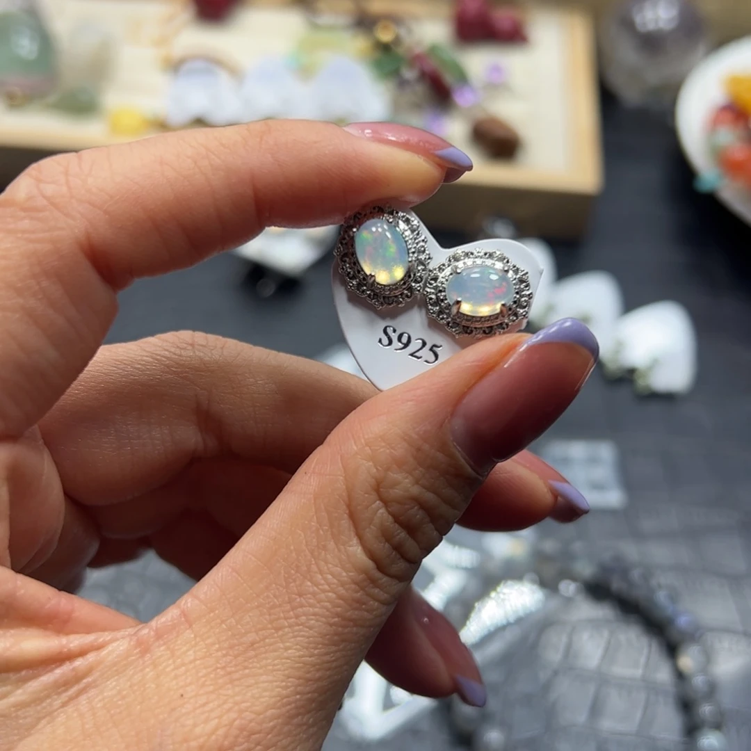 银S925镶嵌手链烟晶欧泊耳钉