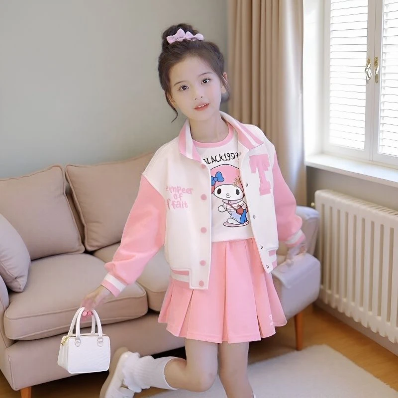 女童套装春秋季2025新款儿童服装美乐蒂外套女孩洋气百褶裙三件套