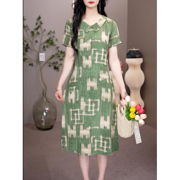 2005 娃娃领直筒抹茶绿连衣裙