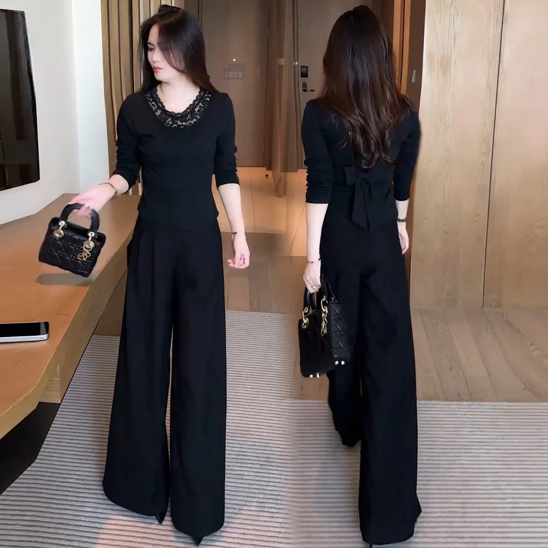 时尚套装女2025秋季新款设计感蕾丝拼接T恤上衣阔腿裤显瘦两件套