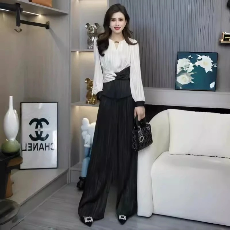 时尚套装女春秋新款高级感撞色拼接长袖衬衣阔腿裤气质显瘦两件套