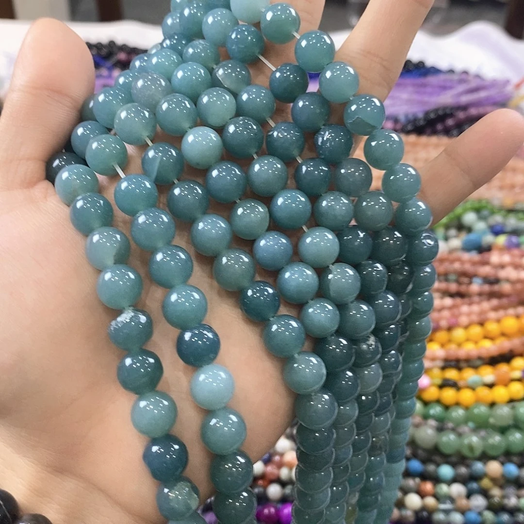 玛瑙/玉髓未镶嵌珠宝半成品一条天然10mm蓝玉髓圆珠A9