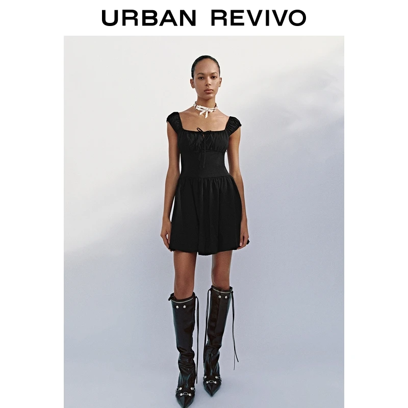 UR2025秋季新款女装法式拼接系带修身小黑裙连衣裙UYV750083+