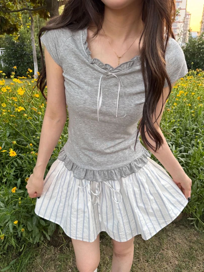 『李木木』夏款上新~~韩代丝带花边短袖上衣  6458