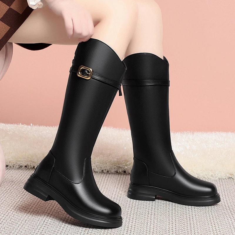 真皮不过膝女靴2025秋冬季长靴平底平跟加绒防滑骑士靴羊毛高筒靴