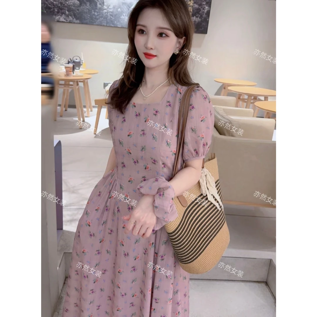 现货 莫奈花园方领轻熟风宽松显瘦好驾驭！温柔莫奈紫显白连衣裙