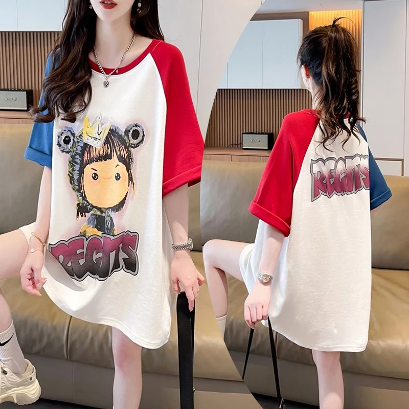 撞色插肩短袖t恤女夏季新款宽松韩版孕妇遮屁股减龄纯棉上衣150斤