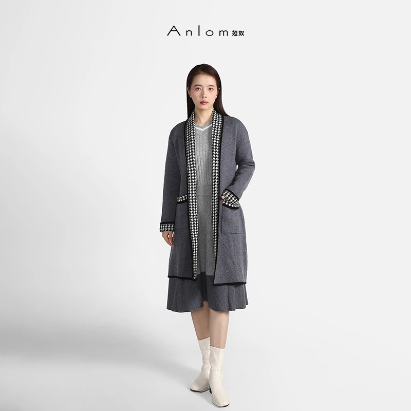 Anlom/娅奴秋季新款绵羊毛针织开衫纯色休闲优雅通勤大衣外套