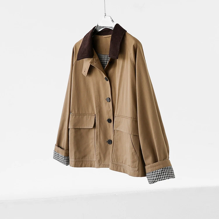 酷飒巴恩风 纯棉撞色翻领长袖短夹克风衣外套女秋季新款