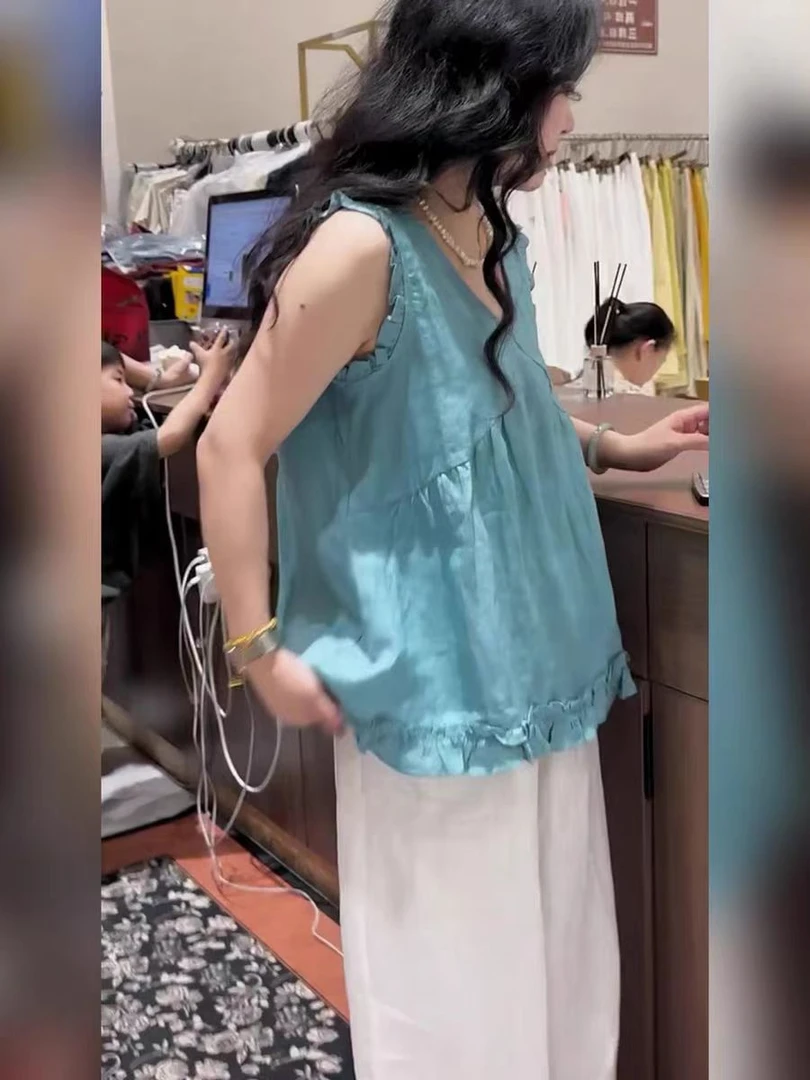 【柚子同款】YY夏季简约v领显瘦花边无袖背心小衫上衣589