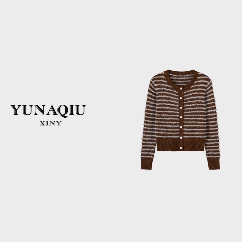 春季小香风设计师气质时尚宽松圆领格纹长袖针织衫-8252