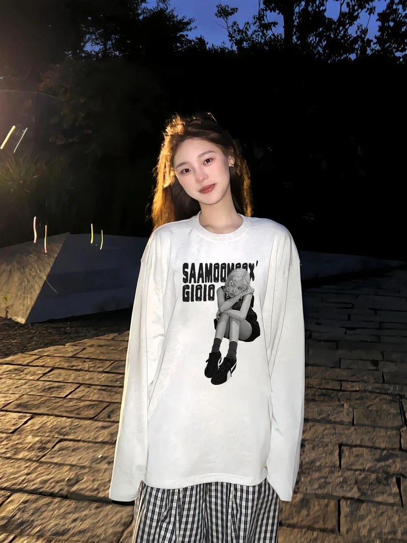 纯棉长袖t恤女印花新款爆款秋冬美式超好看高街小众宽松半袖上衣